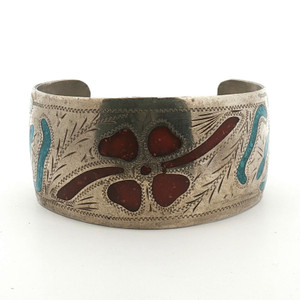 Sterling Silver Turquoise and Coral Inlay South Western Style Cuff Bracelet