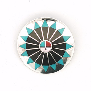 Vintage Zuni Native Sterling Silver Multi Stone Inlay Sunface Brooch (F.L. Natachu)