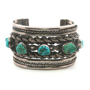 Native Sterling Silver Kingman Turquoise Twisted Rope Cuff Bracelet - Signed Roger Francisco