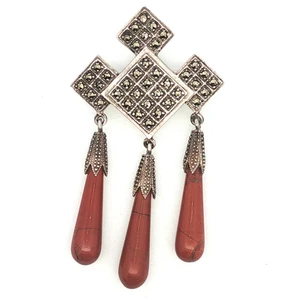 Sterling Silver Marcasite Coral Art Deco Brooch