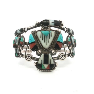 Vintage Zuni Sterling Silver Multi Stone Knifewing Cuff Bracelet