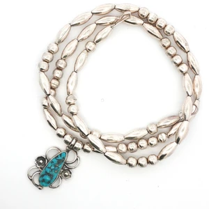 Vintage Navajo Sterling Silver Turquoise Floral Beaded Necklace