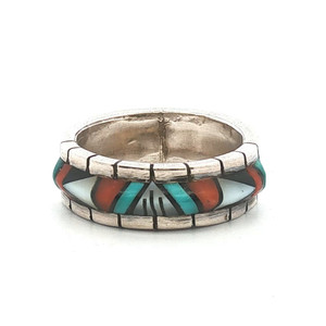 Sterling Silver Multi Stone Inlay Half Eternity Vintage Zuni Style Band Ring Size 6