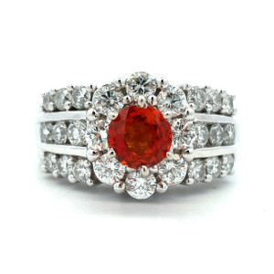 14K White Gold Round Orange Sapphire Diamond Halo Three Row Accented Engagement Ring Size 7