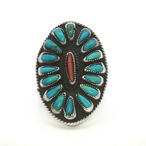 Vintage Navajo Sterling Silver Coral Turquoise Needle Point Men’s Ring Sz 11