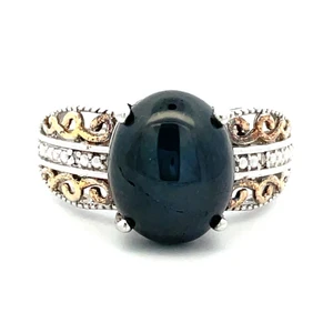 Sterling Silver Star Sapphire with 2 Round Diamonds Ring Size 8