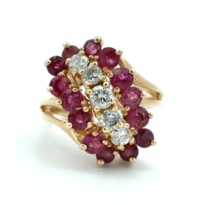 14K Yellow Gold Ruby Diamond Waterfall Fashion Statement Ring Size 8