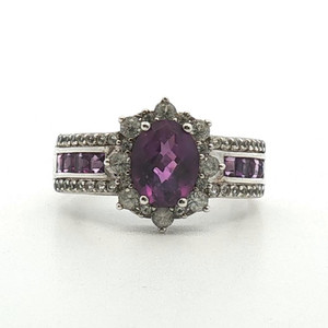 Sterling Silver Amethyst And CZ Halo And Channel Setting Fashion Ring Size 10
