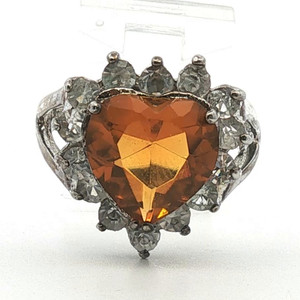 Sterling Silver Orange Spessartite Garnet Heart Shaped With a CZ Halo Fashion Ring Size 8.25