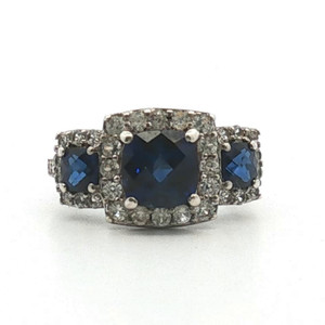 Sterling Silver Created Sapphire Cushion Cut With CZ Accent Ring Size 6