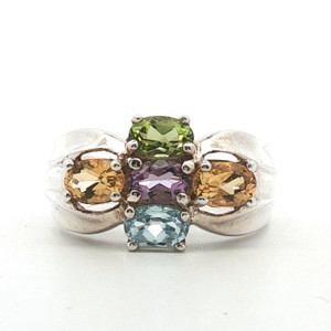 Sterling Silver Citrine Peridot Amethyst And Topaz Cluster Cocktail Ring Size 10