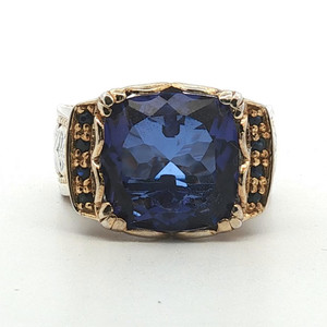 Sterling Silver Created Sapphire Cushion Cut Two Toned Sculped Fashion Ring Size 8