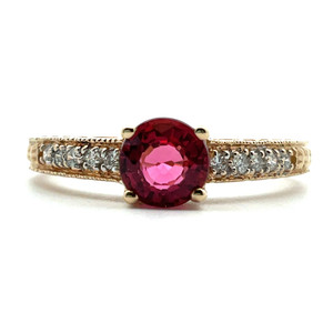 14K Yellow Gold Round Pink Tourmaline Diamond Pave Band Fashion Ring Size 7.5