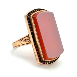 Vintage 14K Yellow Gold Large Carnelian Beaded Edge Floral Design Band Detail Statement Ring Size 6