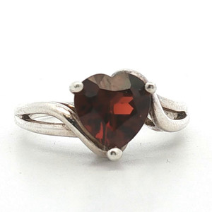 Sterling Silver Garnet Heart Cut With A Open Work Band Ring Size 7