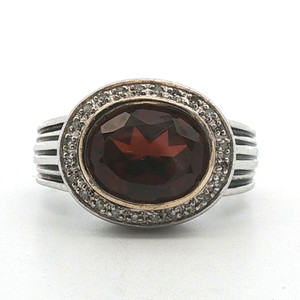 Sterling Silver Garnet Oval Cut With A Diamond Halo Statement Ring Size 6.5