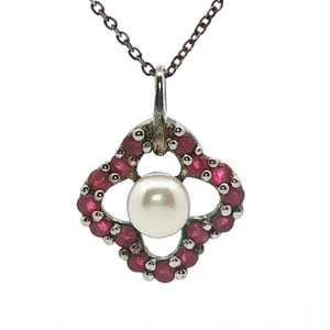 Sterling Silver Pearl With Ruby Accents Necklace 18"