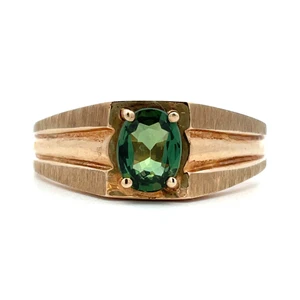 10K Yellow Gold Brushed Matte Design Oval Green Sapphire Mens Ring Size 14.5