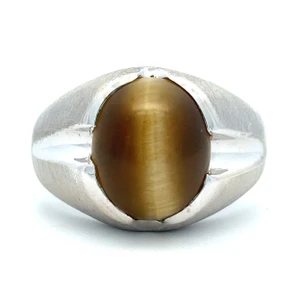 10K White Gold Brushed Matte Band Cabobchon Tigers Eye Mens Ring Size 10