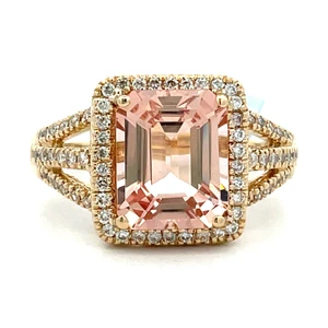 14K Yellow Gold Morganite With Diamond Halo and Accents Ring Size 6.5