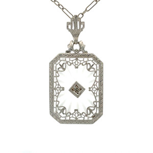 14K Gold Vintage c.1925 Frosted Quartz Camphor Glass Design Diamond Necklace 16"