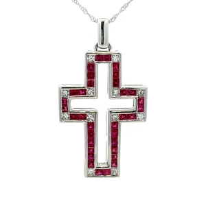 18K White Gold 2.15cttw Ruby and 0.55cttw Diamond Cross Outline Necklace 18"