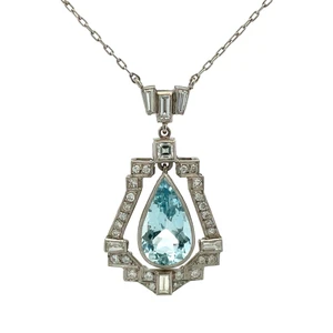 Platinum Approx 5ct Aquamarine and Diamond Vintage Art Deco Necklace 17"