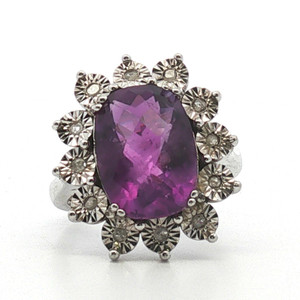 Sterling Silver Amethyst Oval Cut With CZ Halo Fashion Ring Size 8