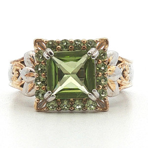 Sterling Silver Peridot Princess Cut Halo Statement Ring Size 8