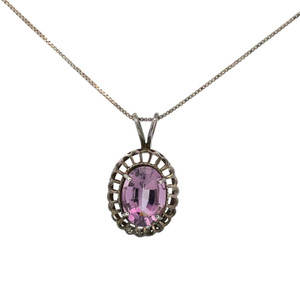 Sterling Silver Vintage Oval Faceted Amethyst in a Filagree Setting  Box Chain Necklace