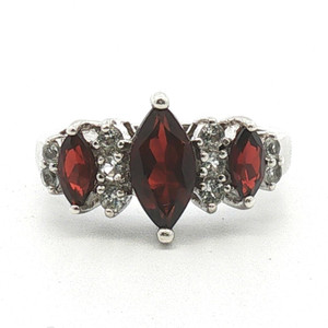 Sterling Silver Garnet Marquise Cut With CZ Accents Cocktail Ring Size 7