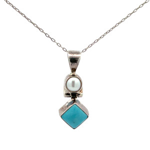 Sterling Silver Vintage Circle Pearl and Tilted Square Turquoise Hinged Dangle Pendant Box Chain Necklace
