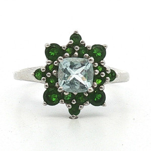 Sterling Silver Aquamarine And Chrome Diopside Cluster Ring Size 9