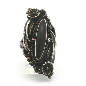 Sterling Silver Elongated Black Onyx Floral Vintage Navajo Style Statement Ring Size 7.5