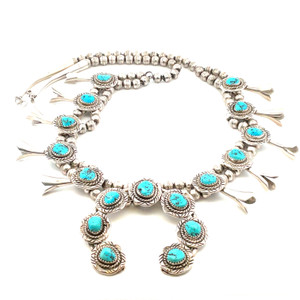 Sterling Silver Native Vintage Multiple Circle Turquoise Squash Blossom Necklace
