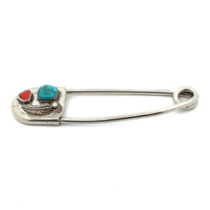 Risdon Sterling Silver and Base Metal Vintage Navajo Square Turquoise and Triangle Coral with Leaf Safety Pin Keychain