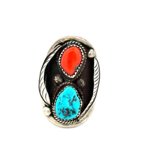 Sterling Silver Navajo Vintage Stacked Turquoise and Coral Teardrops in Braided Rope and Double Feathers Ring Size 9.5