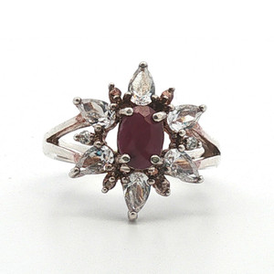 Sterling Silver Ruby And CZ Floral Cocktail Ring Size 7