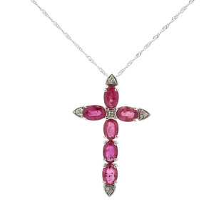14K White Gold 6-13SC Ruby and 0.05cttw Diamond Cross Necklace 18"