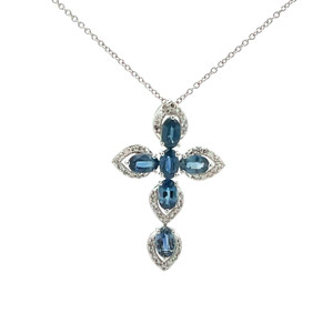 14K White Gold 45 SC Sapphire 1/5tw Diamond Teardrop Cross Pendant Necklace 18" Chain