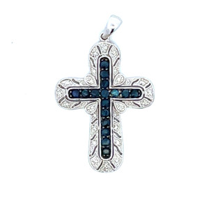 14K White Gold 24SC Sapphire 1/8tw Diamond Rounded Cross Pendant