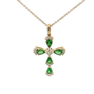 14K Gold 19B Tsavorite 1/4tw Diamond Teardrop Cross Pendant Necklace 18" Chain