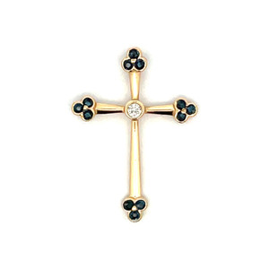 14K Gold 1B Sapphire .08tw Diamond Clover Tipped Cross Pendant