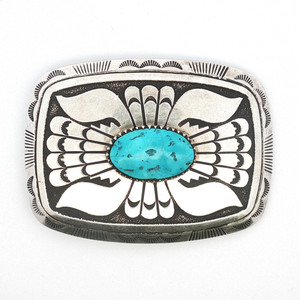 Vintage Southwest Navajo Sterling Silver Turquoise Belt Buckle  -Signed Tc Singer