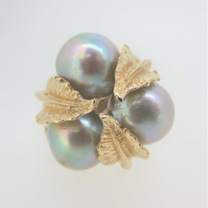 14k Yellow Gold South Sea Pearls Large Statement Cocktail Ring Size 4.25