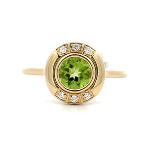 14K Yellow Gold Round Peridot with Diamond Accents Ring Size 7