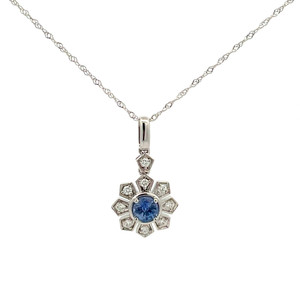 14K White Gold 0.43ct Circle Sapphire Surrounded With .13tw Diamond Flower Petals Pendant 17.75" Chain Necklace