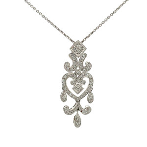 14K White Gold 3/8tw Diamond Heart Chandelier Pendant 16.5" Chain Necklace