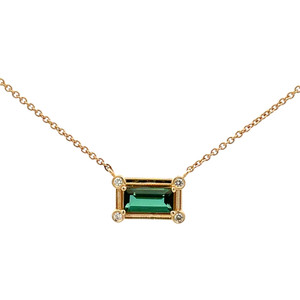 14K Gold .87ct Rectangle Blue Tourmaline With .05tw Diamond Circle Corner Stationary Pendant 17.5" Chain Necklace