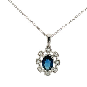 14K White Gold .76ct Oval Sapphire Surrounded With .08tw Diamond Triangles Pendant 18" Chain Necklace